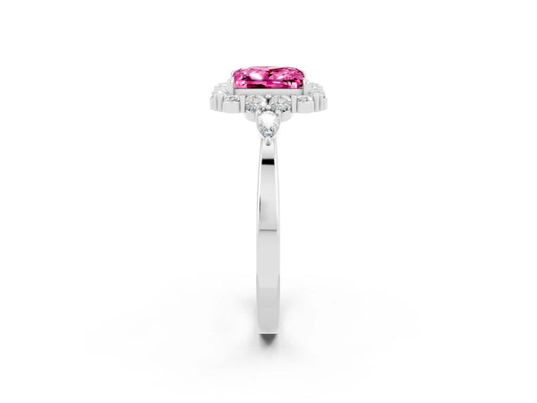 White gold Princess Cut Pink Sapphire Halo Ring with Pear Side Stones and Prong Setting