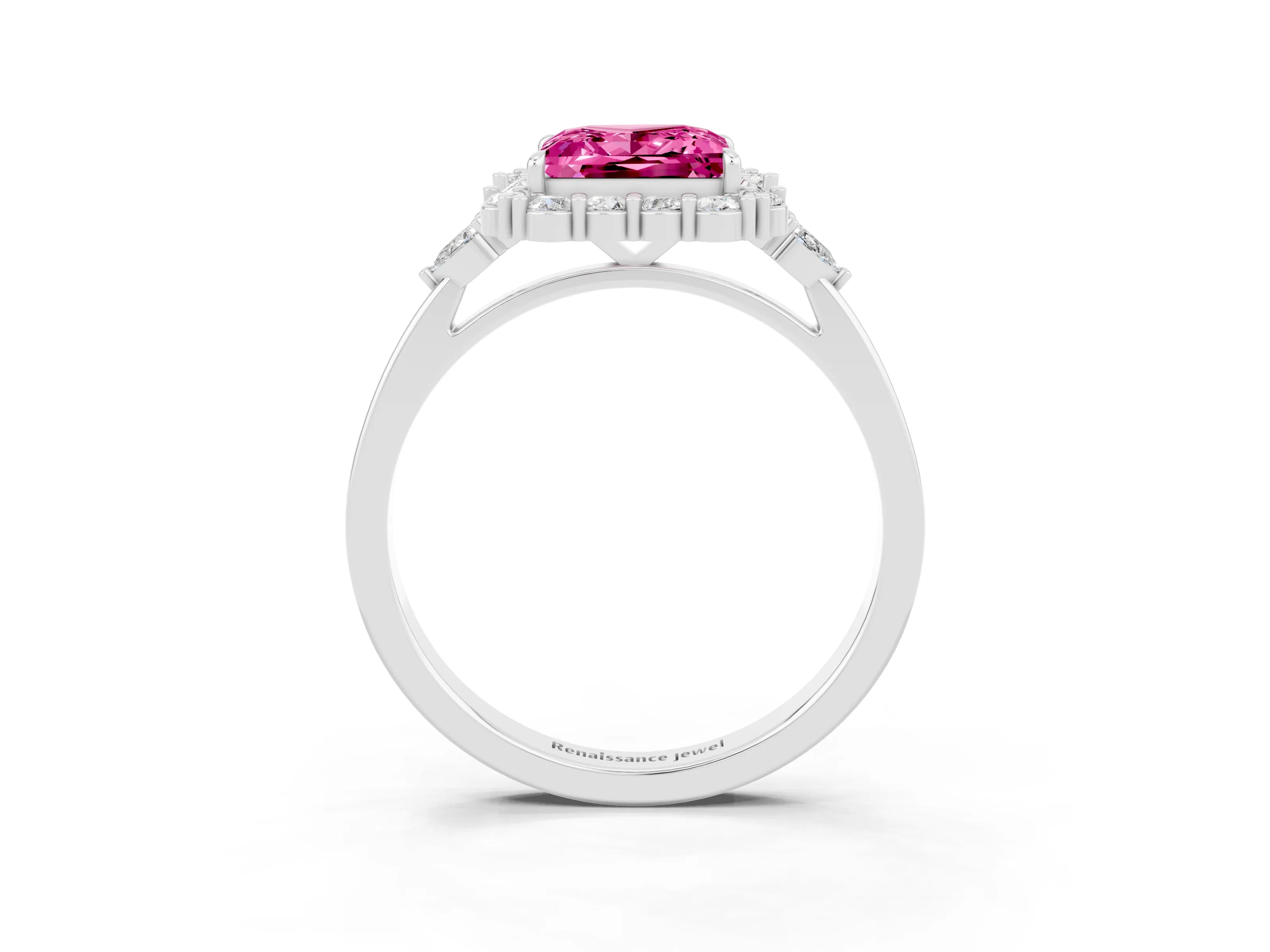 White gold Princess Cut Pink Sapphire Halo Ring with Pear Side Stones and Prong Setting_27