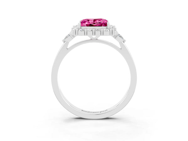 Platinum Princess Cut Pink Sapphire Halo Ring with Pear Side Stones and Prong Setting