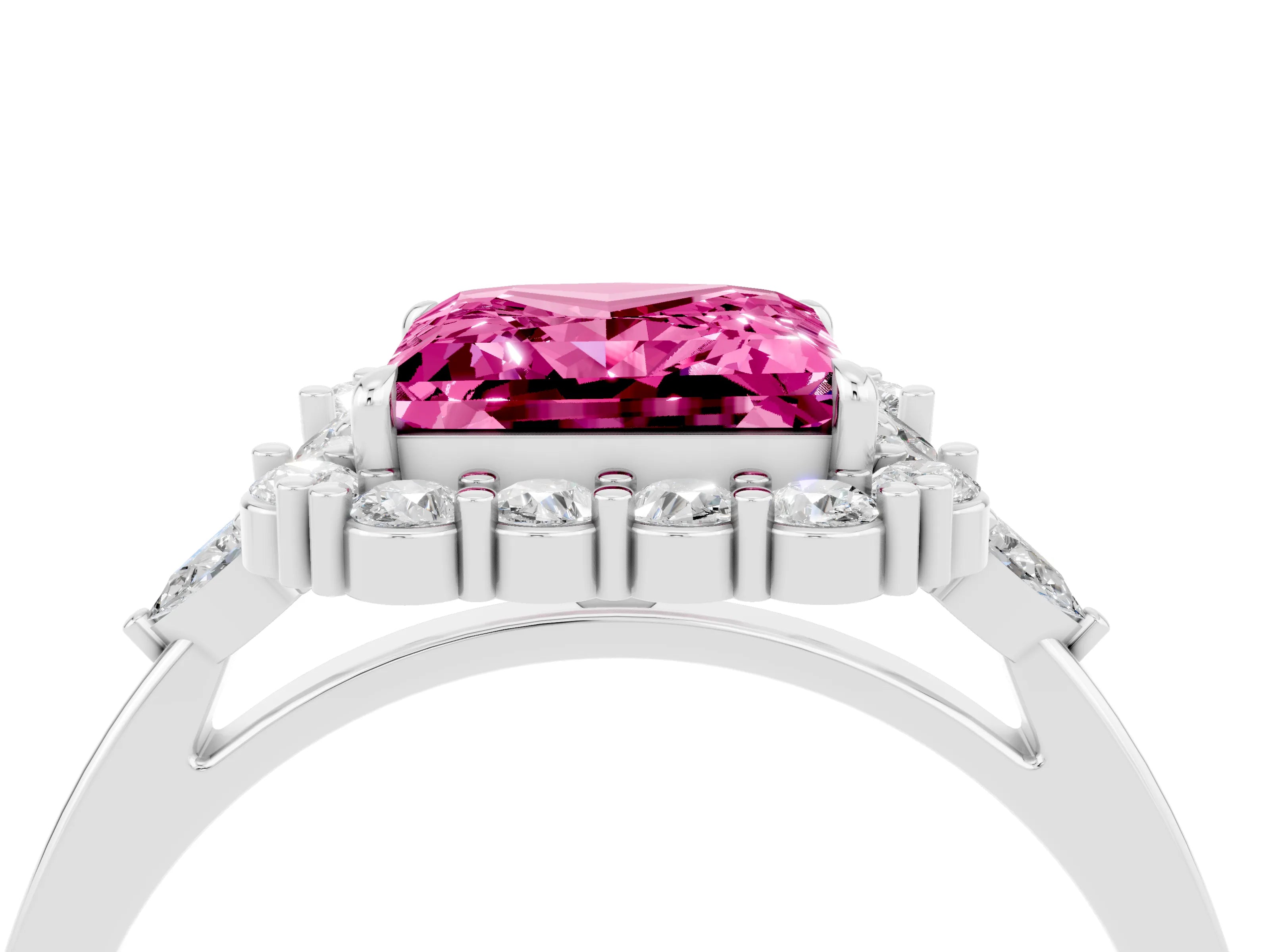 White gold Princess Cut Pink Sapphire Halo Ring with Pear Side Stones and Prong Setting_28