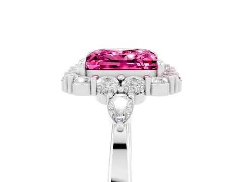 White gold Princess Cut Pink Sapphire Halo Ring with Pear Side Stones and Prong Setting_29