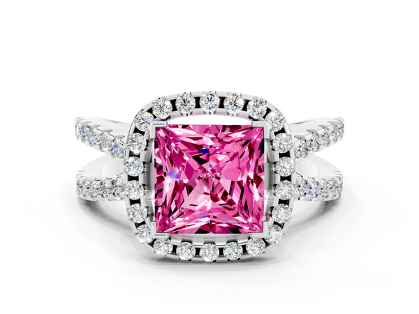 White gold Princess Cut Pink Sapphire Halo Ring with Split Shank Pavé Band and Prong Setting