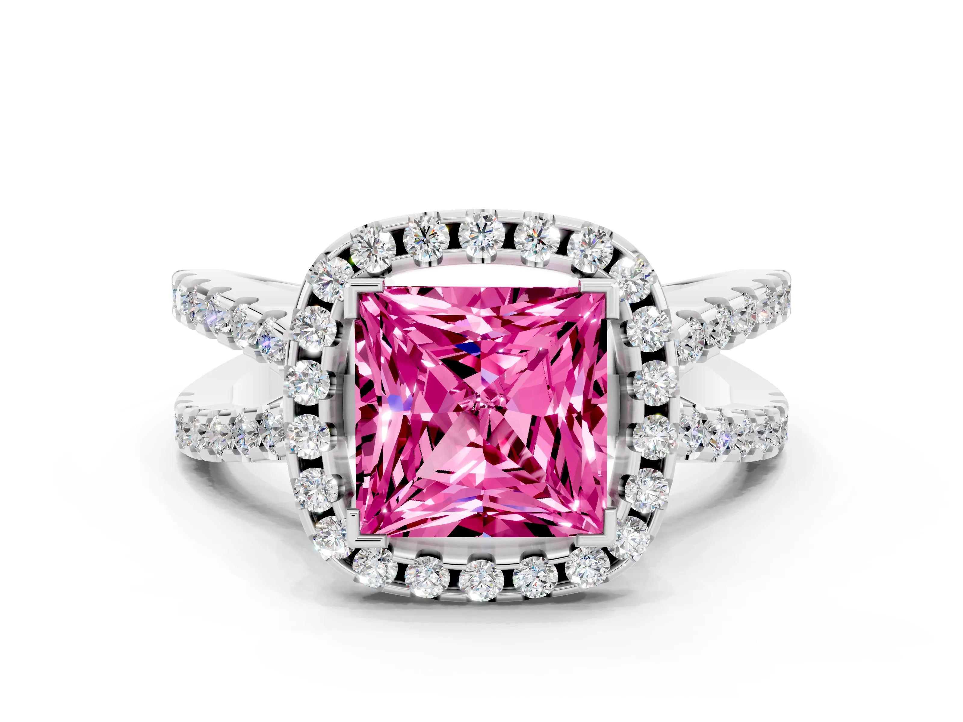 White gold Princess Cut Pink Sapphire Halo Ring with Split Shank Pavé Band and Prong Setting_12