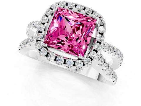 White gold Princess Cut Pink Sapphire Halo Ring with Split Shank Pavé Band and Prong Setting_13