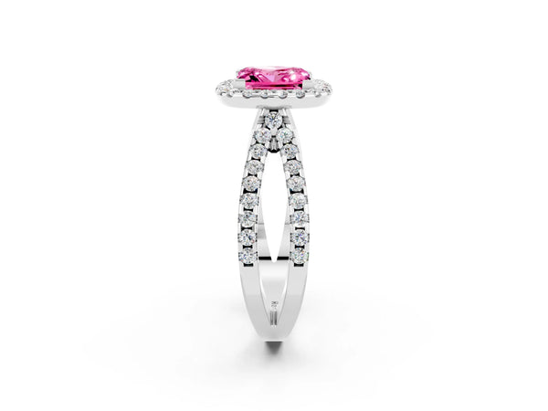Platinum Princess Cut Pink Sapphire Halo Ring with Split Shank Pavé Band and Prong Setting