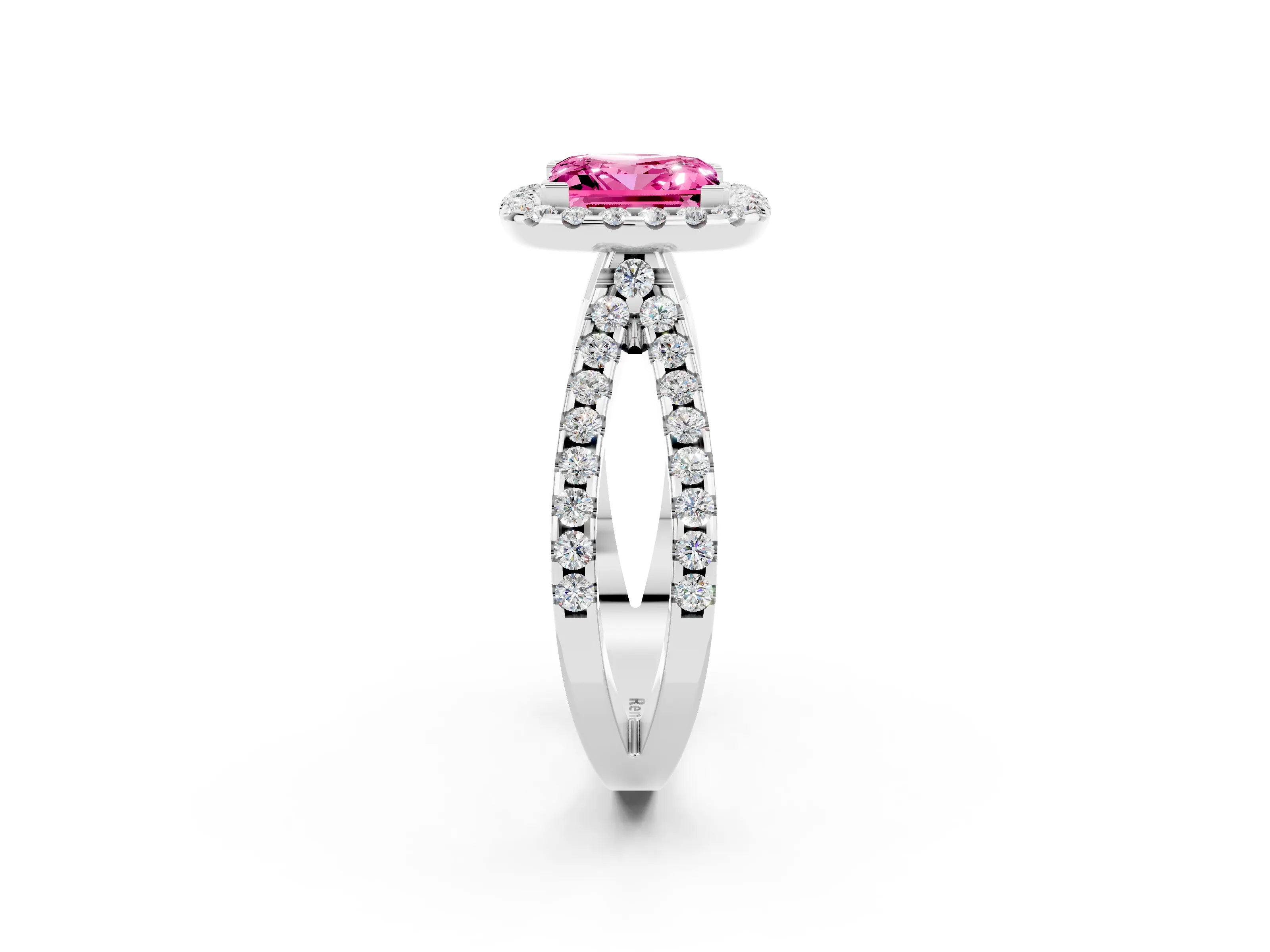 White gold Princess Cut Pink Sapphire Halo Ring with Split Shank Pavé Band and Prong Setting_14