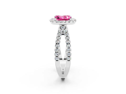 White gold Princess Cut Pink Sapphire Halo Ring with Split Shank Pavé Band and Prong Setting_14