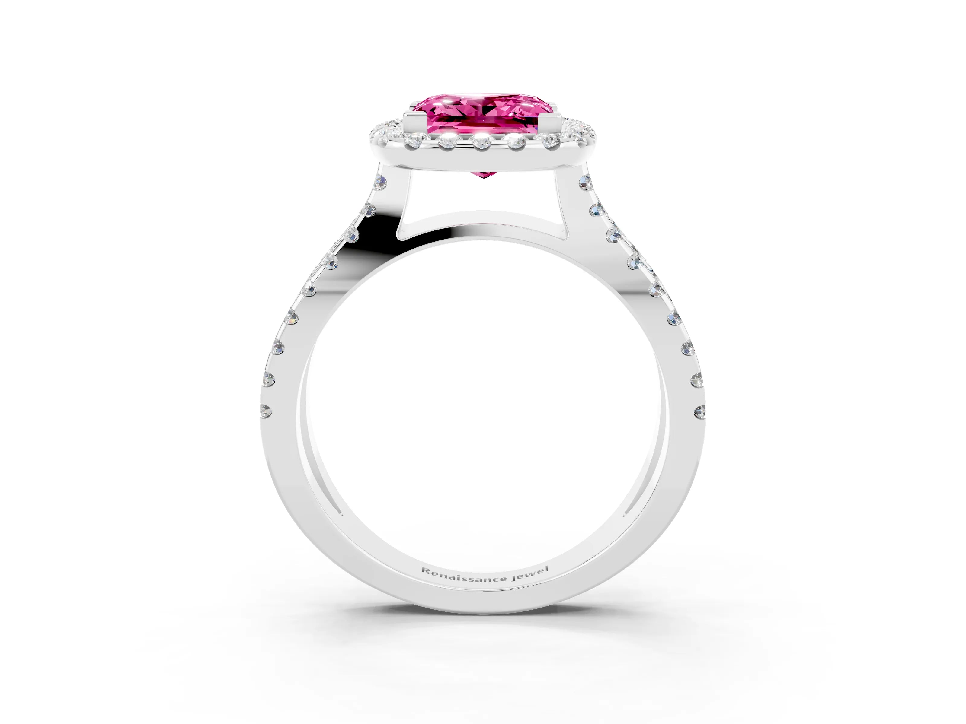 White gold Princess Cut Pink Sapphire Halo Ring with Split Shank Pavé Band and Prong Setting_15