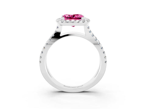 White gold Princess Cut Pink Sapphire Halo Ring with Split Shank Pavé Band and Prong Setting_15