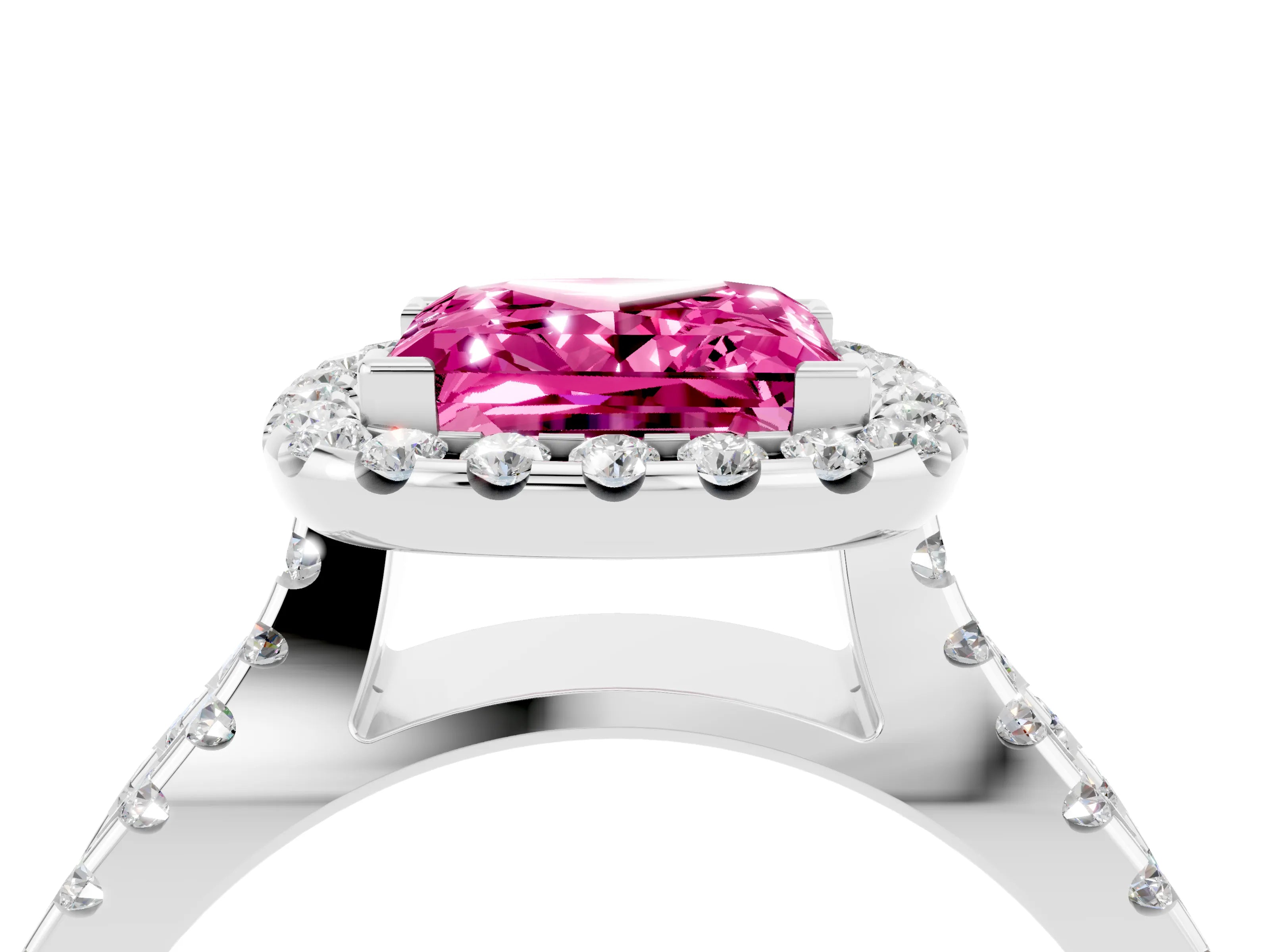 White gold Princess Cut Pink Sapphire Halo Ring with Split Shank Pavé Band and Prong Setting_16