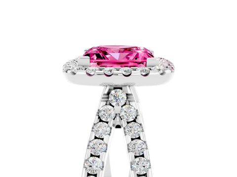 White gold Princess Cut Pink Sapphire Halo Ring with Split Shank Pavé Band and Prong Setting_17