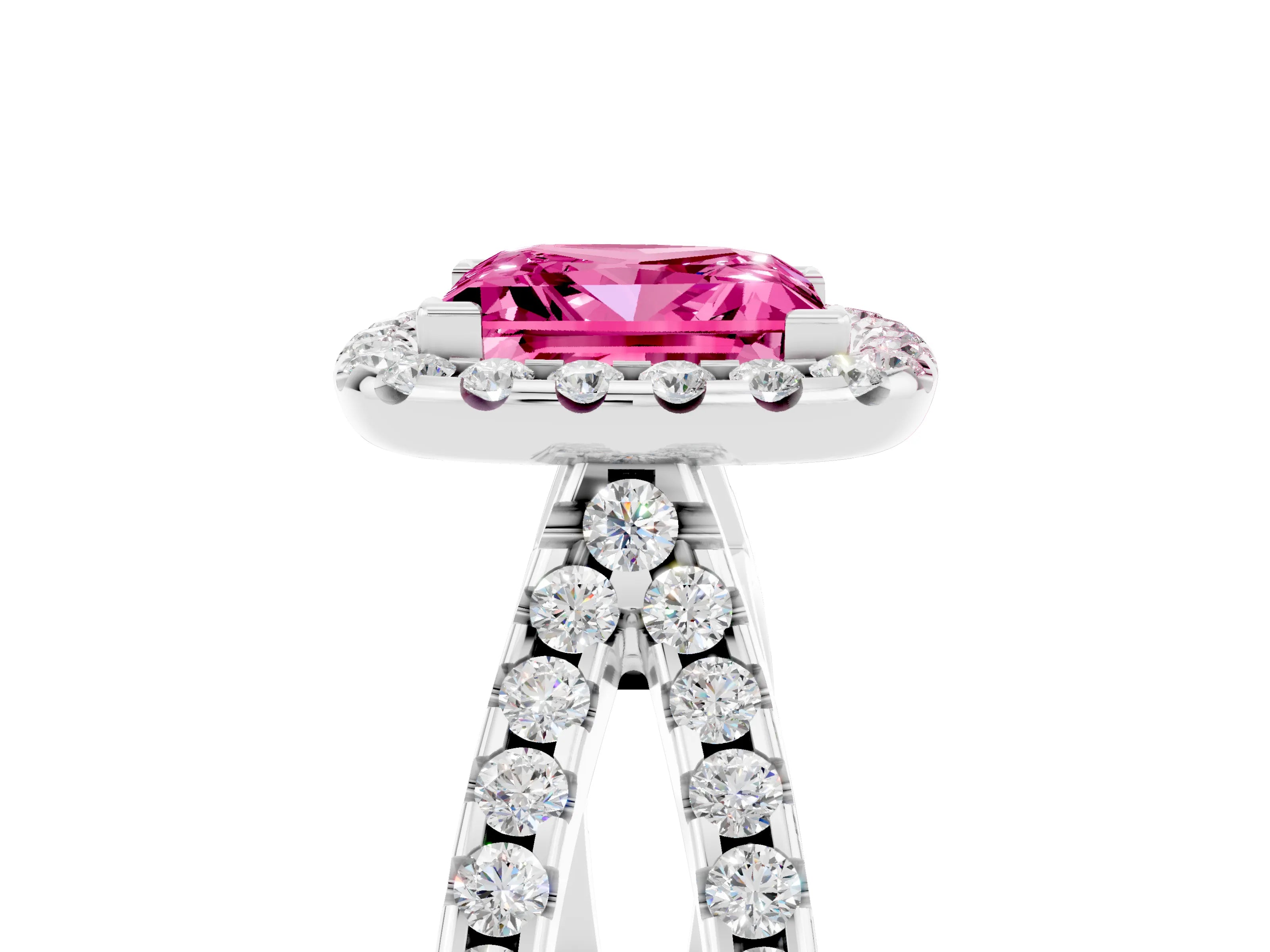 White gold Princess Cut Pink Sapphire Halo Ring with Split Shank Pavé Band and Prong Setting_17