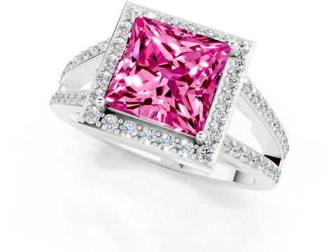 White gold Princess Cut Pink Sapphire Halo Ring with Split Shank U-Prong Band and Four-Prong Setting_1