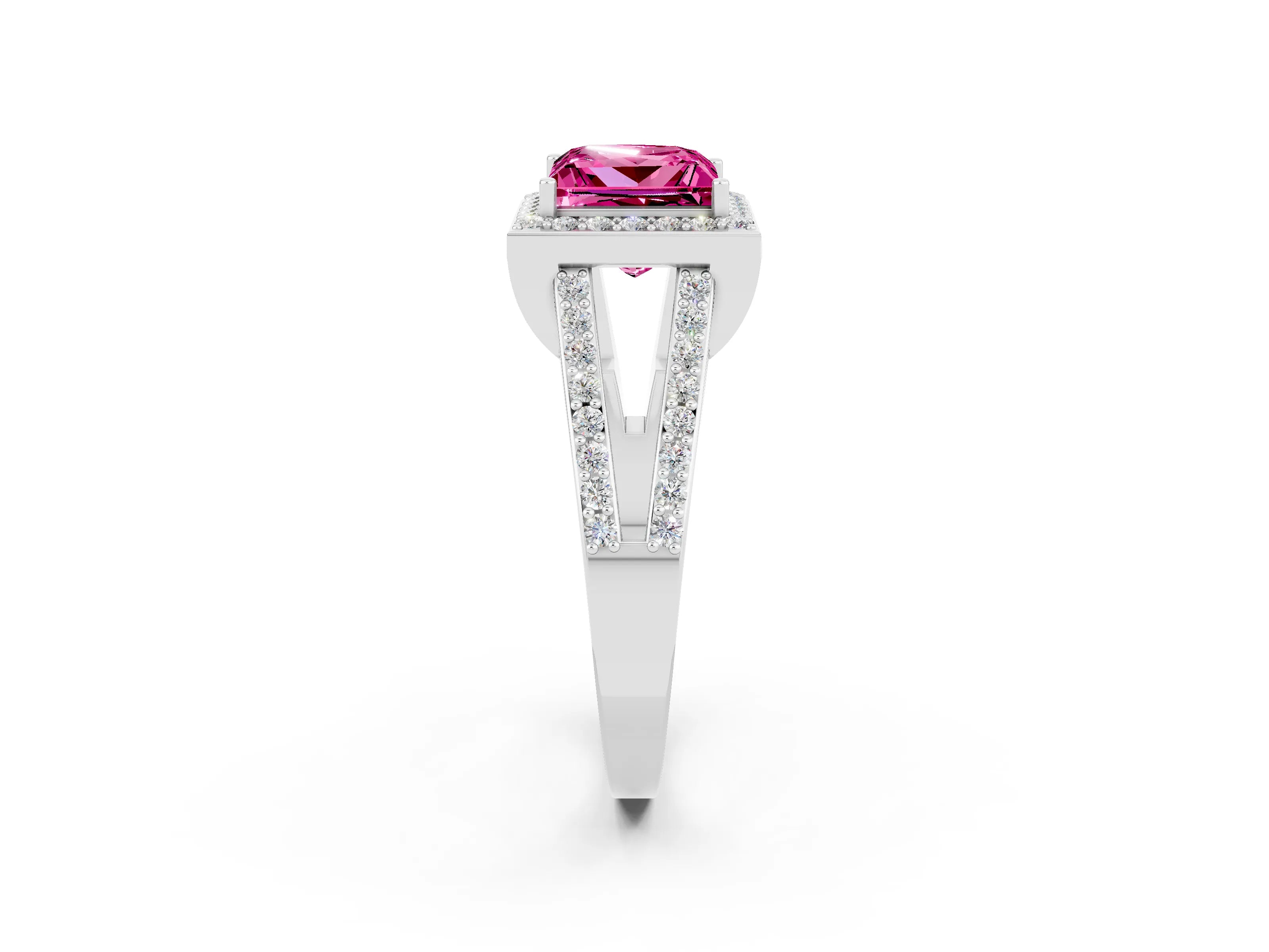 White gold Princess Cut Pink Sapphire Halo Ring with Split Shank U-Prong Band and Four-Prong Setting_2