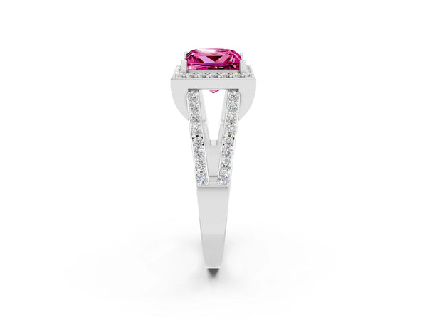 White gold Princess Cut Pink Sapphire Halo Ring with Split Shank U-Prong Band and Four-Prong Setting