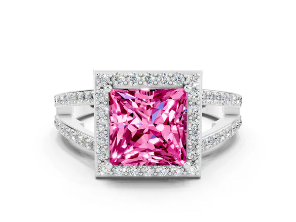 Silver Princess Cut Pink Sapphire Halo Ring with Split Shank U-Prong Band and Four-Prong Setting
