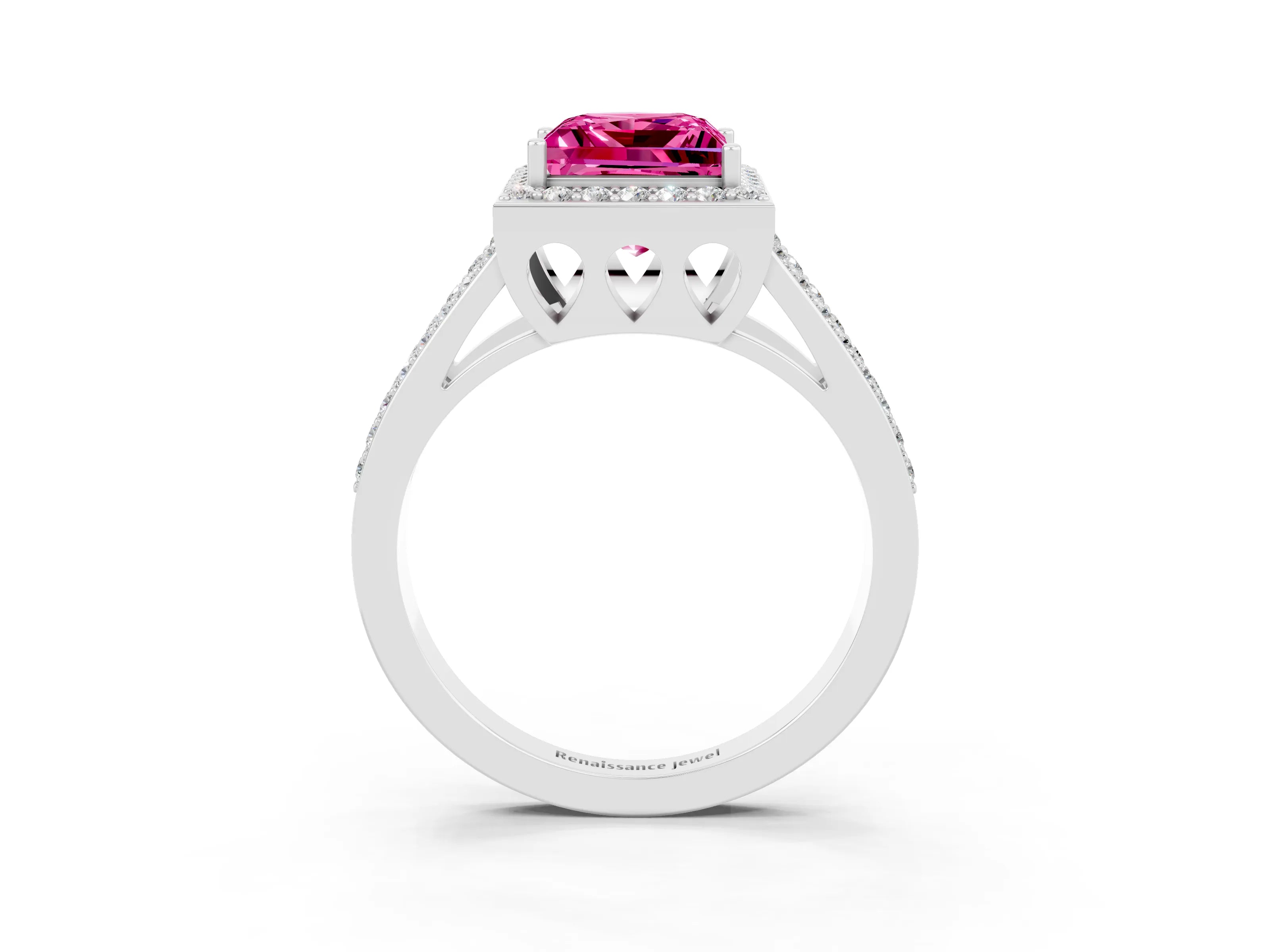 White gold Princess Cut Pink Sapphire Halo Ring with Split Shank U-Prong Band and Four-Prong Setting_3