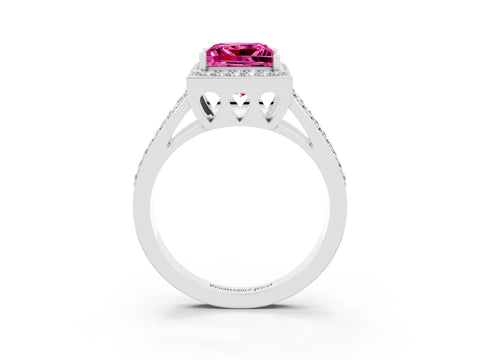 White gold Princess Cut Pink Sapphire Halo Ring with Split Shank U-Prong Band and Four-Prong Setting_3