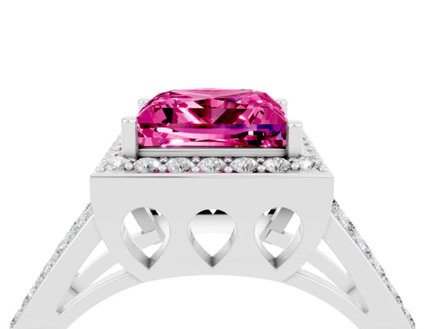 White gold Princess Cut Pink Sapphire Halo Ring with Split Shank U-Prong Band and Four-Prong Setting_4