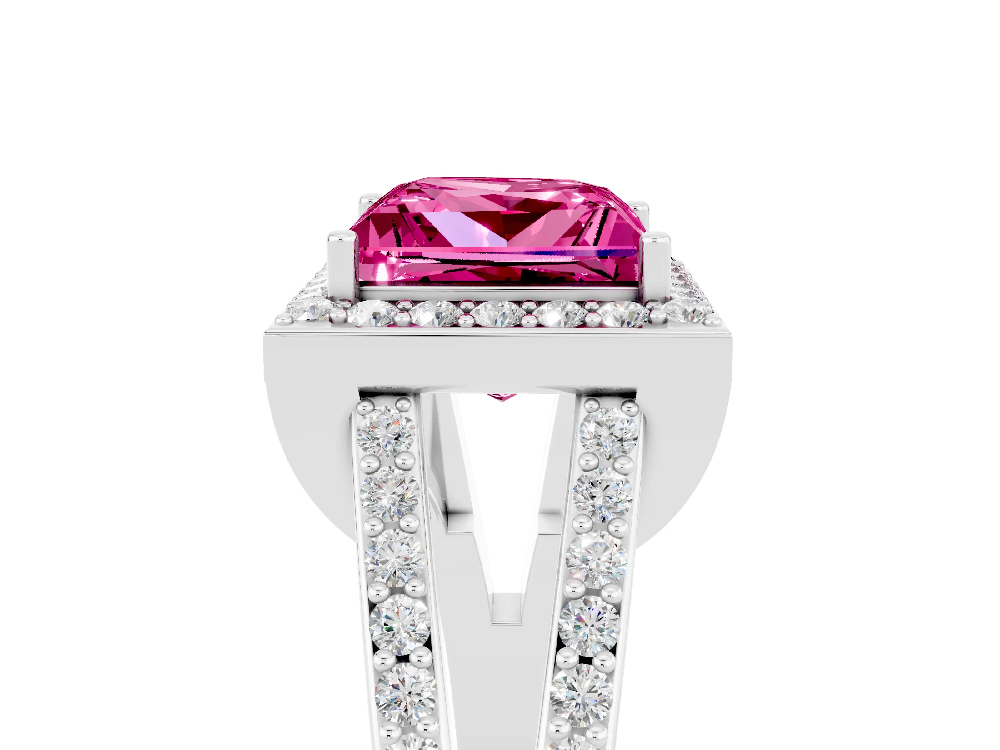 White gold Princess Cut Pink Sapphire Halo Ring with Split Shank U-Prong Band and Four-Prong Setting_5
