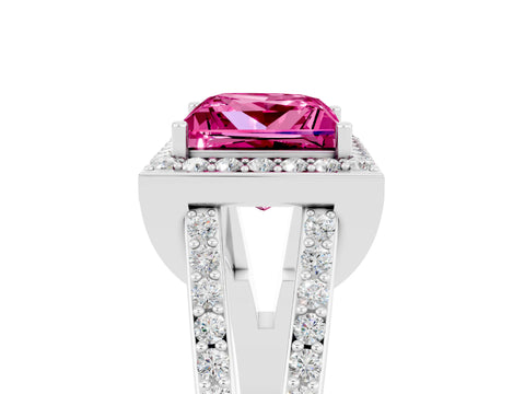 White gold Princess Cut Pink Sapphire Halo Ring with Split Shank U-Prong Band and Four-Prong Setting_5