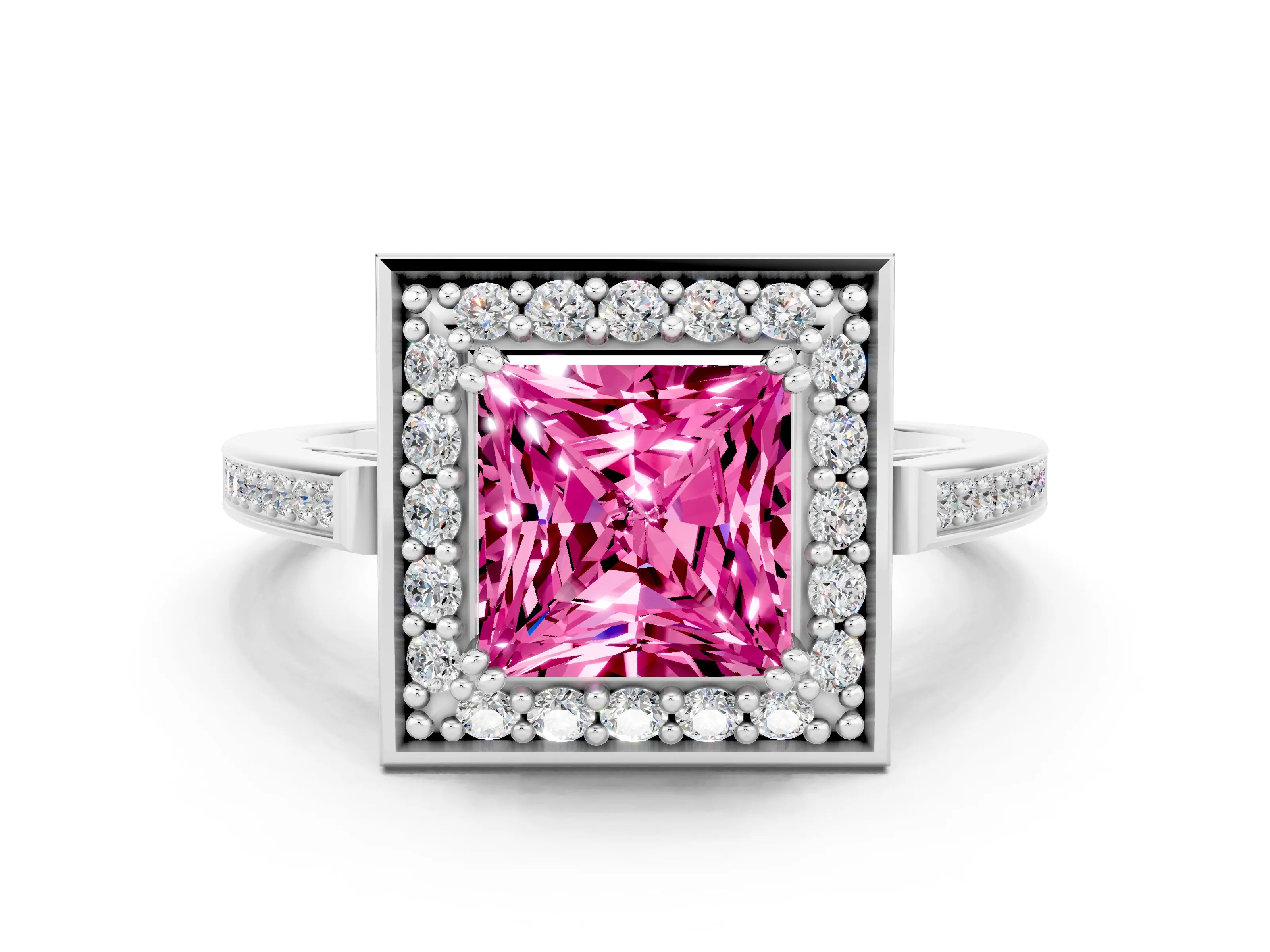 White gold Princess Cut Pink Sapphire Halo Ring with Split Shank and Four-Prong Setting_12