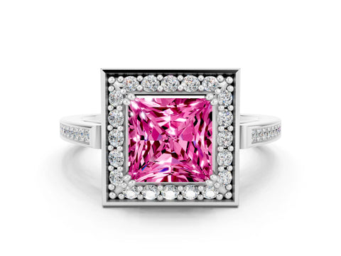 White gold Princess Cut Pink Sapphire Halo Ring with Split Shank and Four-Prong Setting_12