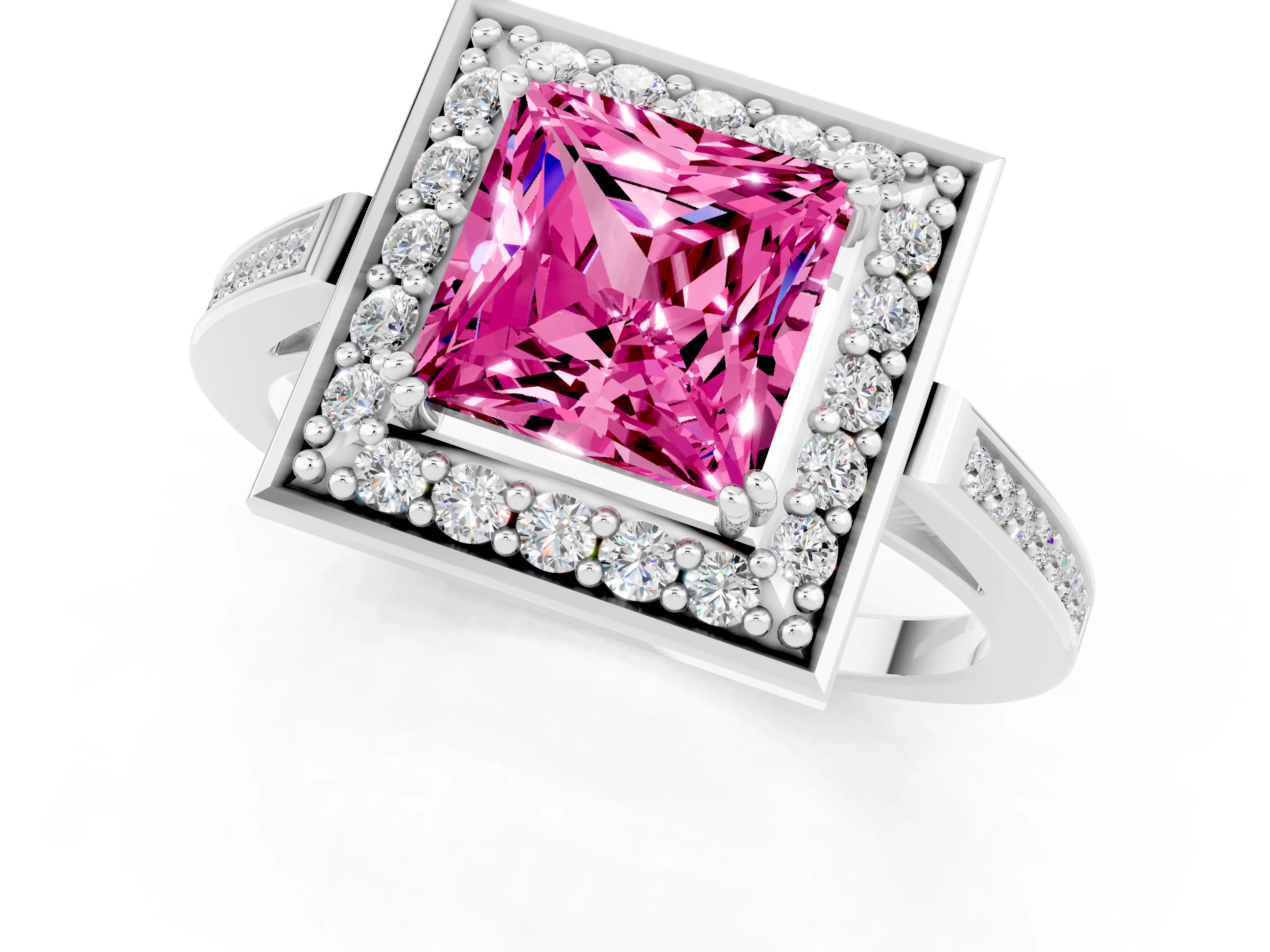 White gold Princess Cut Pink Sapphire Halo Ring with Split Shank and Four-Prong Setting_13