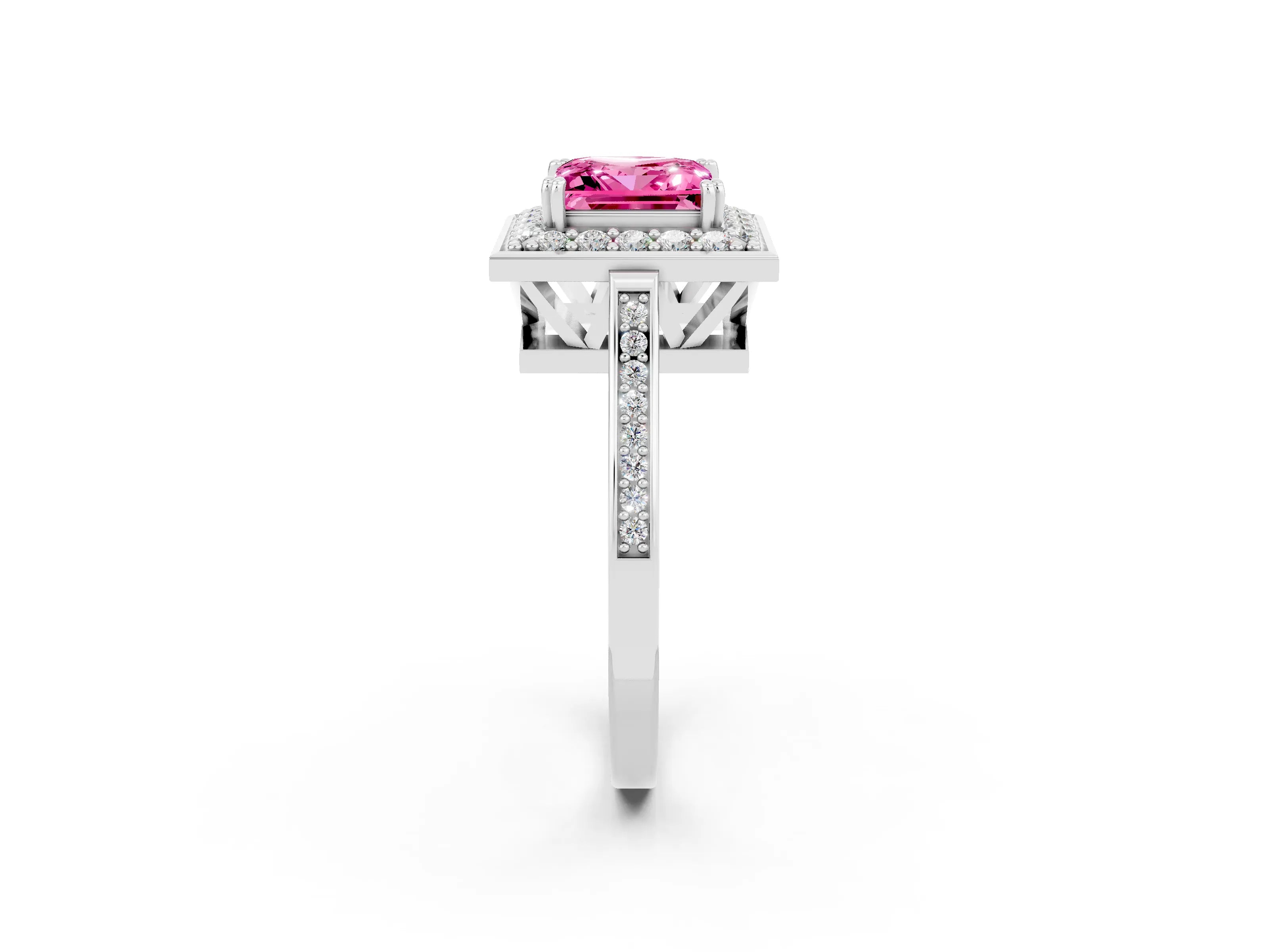 White gold Princess Cut Pink Sapphire Halo Ring with Split Shank and Four-Prong Setting_14