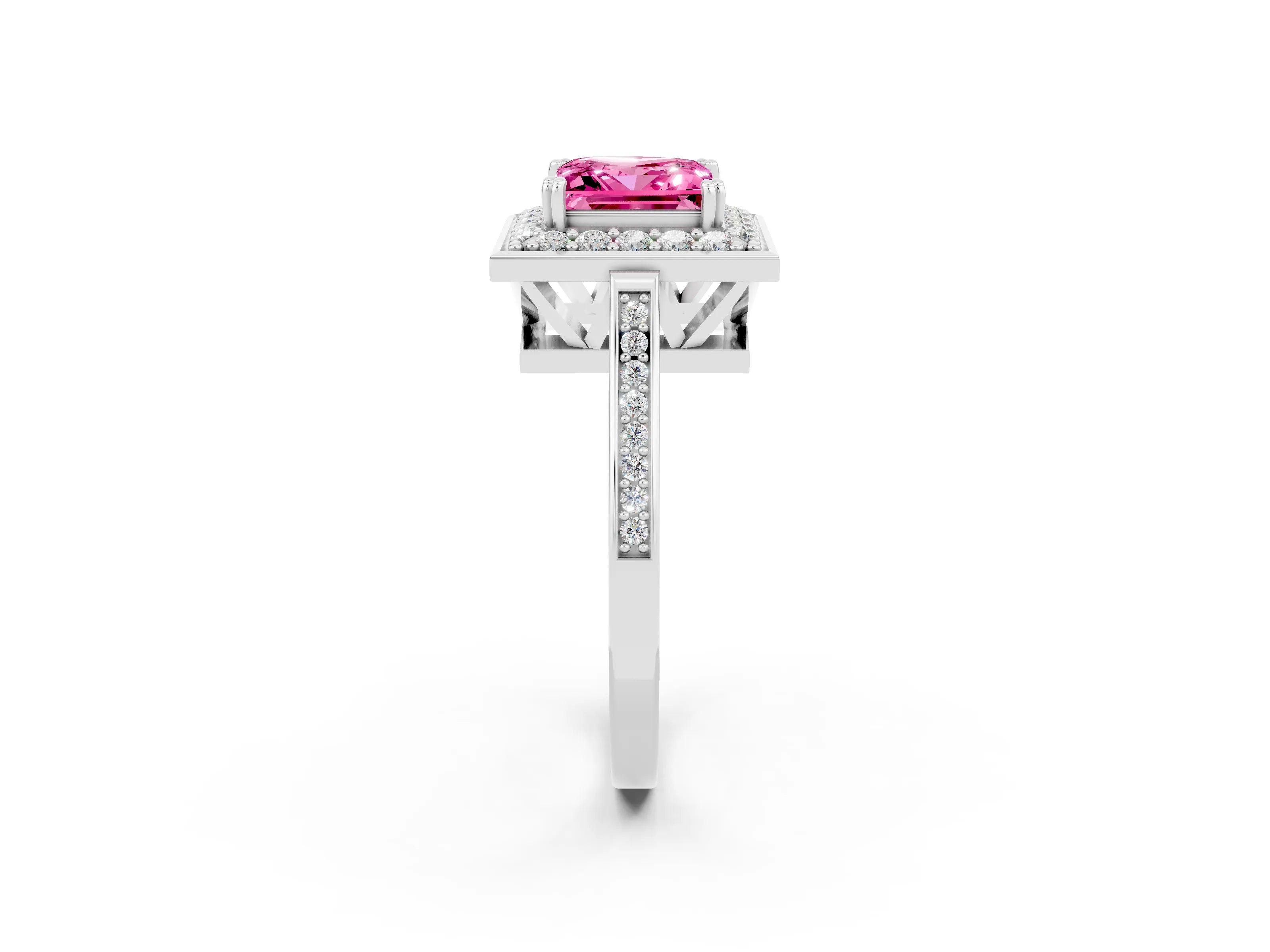 White gold Princess Cut Pink Sapphire Halo Ring with Split Shank and Four-Prong Setting_14