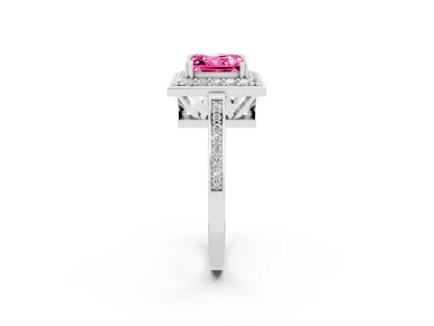 White gold Princess Cut Pink Sapphire Halo Ring with Split Shank and Four-Prong Setting_14