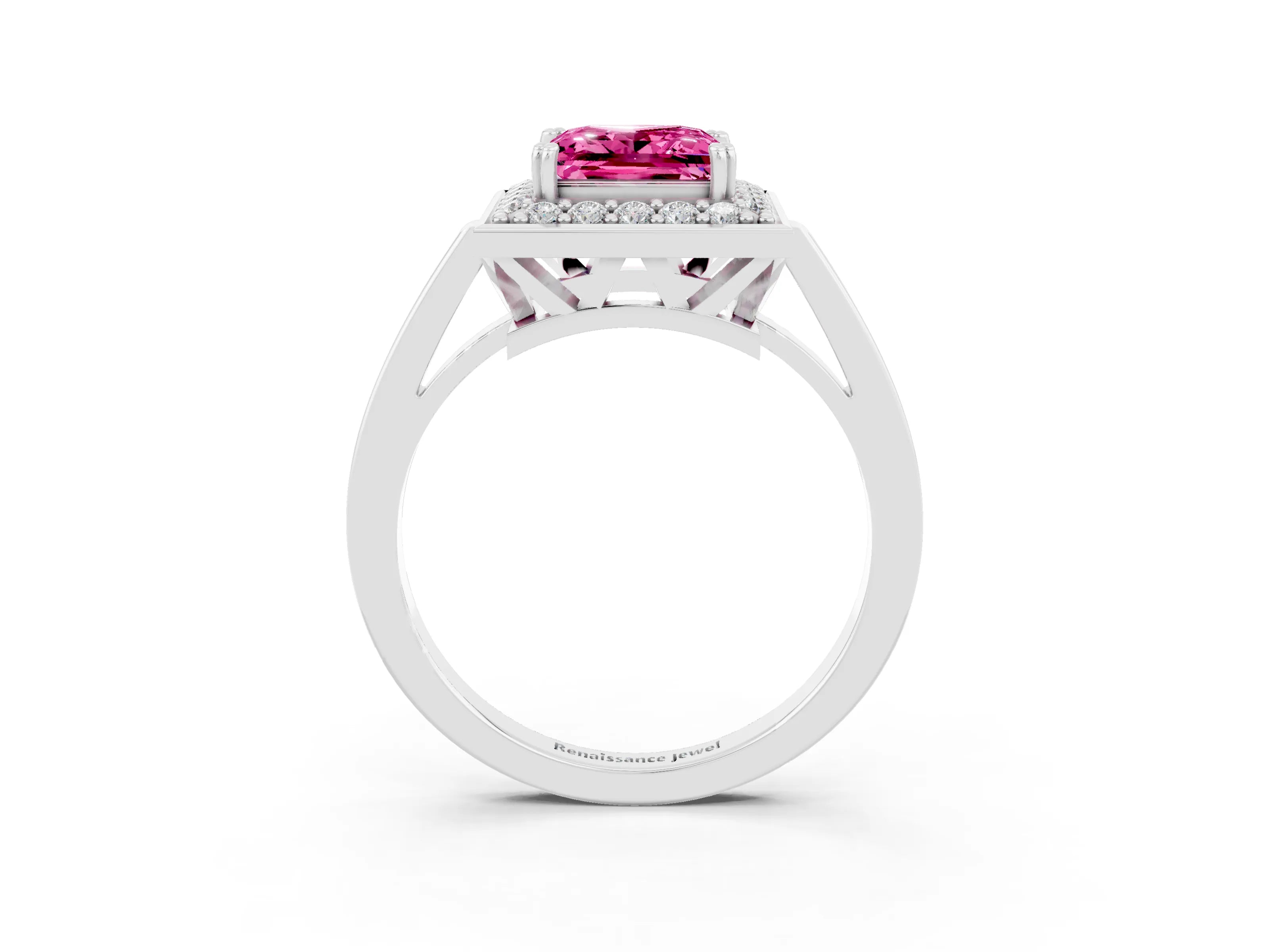 White gold Princess Cut Pink Sapphire Halo Ring with Split Shank and Four-Prong Setting_15