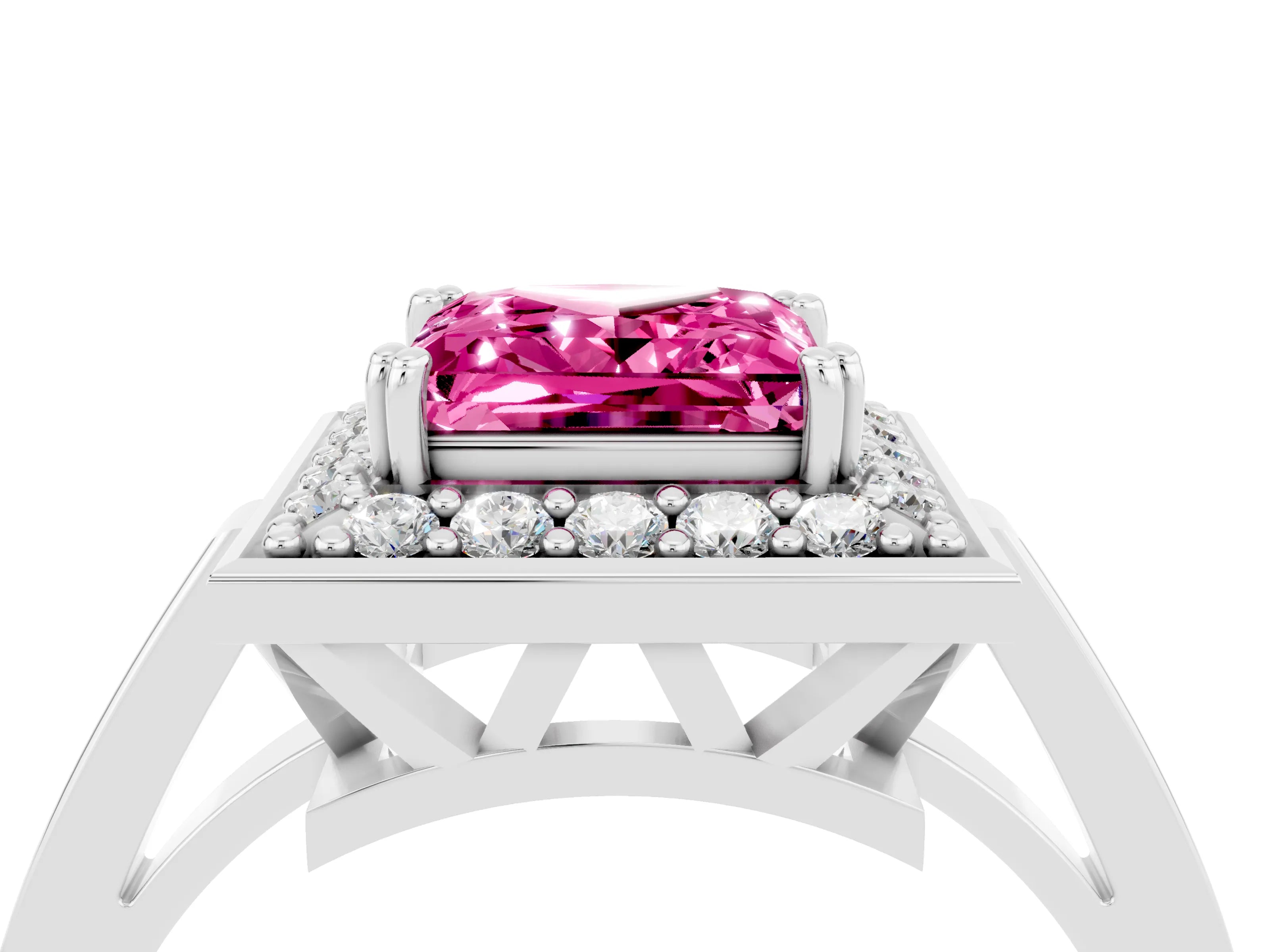White gold Princess Cut Pink Sapphire Halo Ring with Split Shank and Four-Prong Setting_16