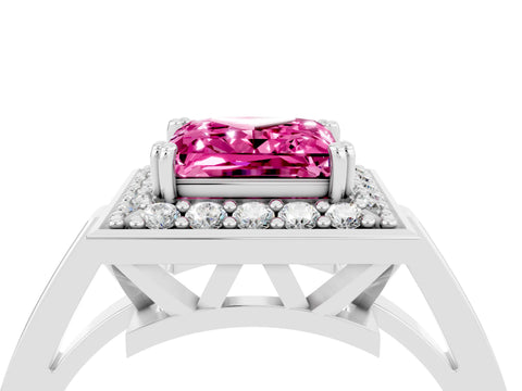 White gold Princess Cut Pink Sapphire Halo Ring with Split Shank and Four-Prong Setting_16