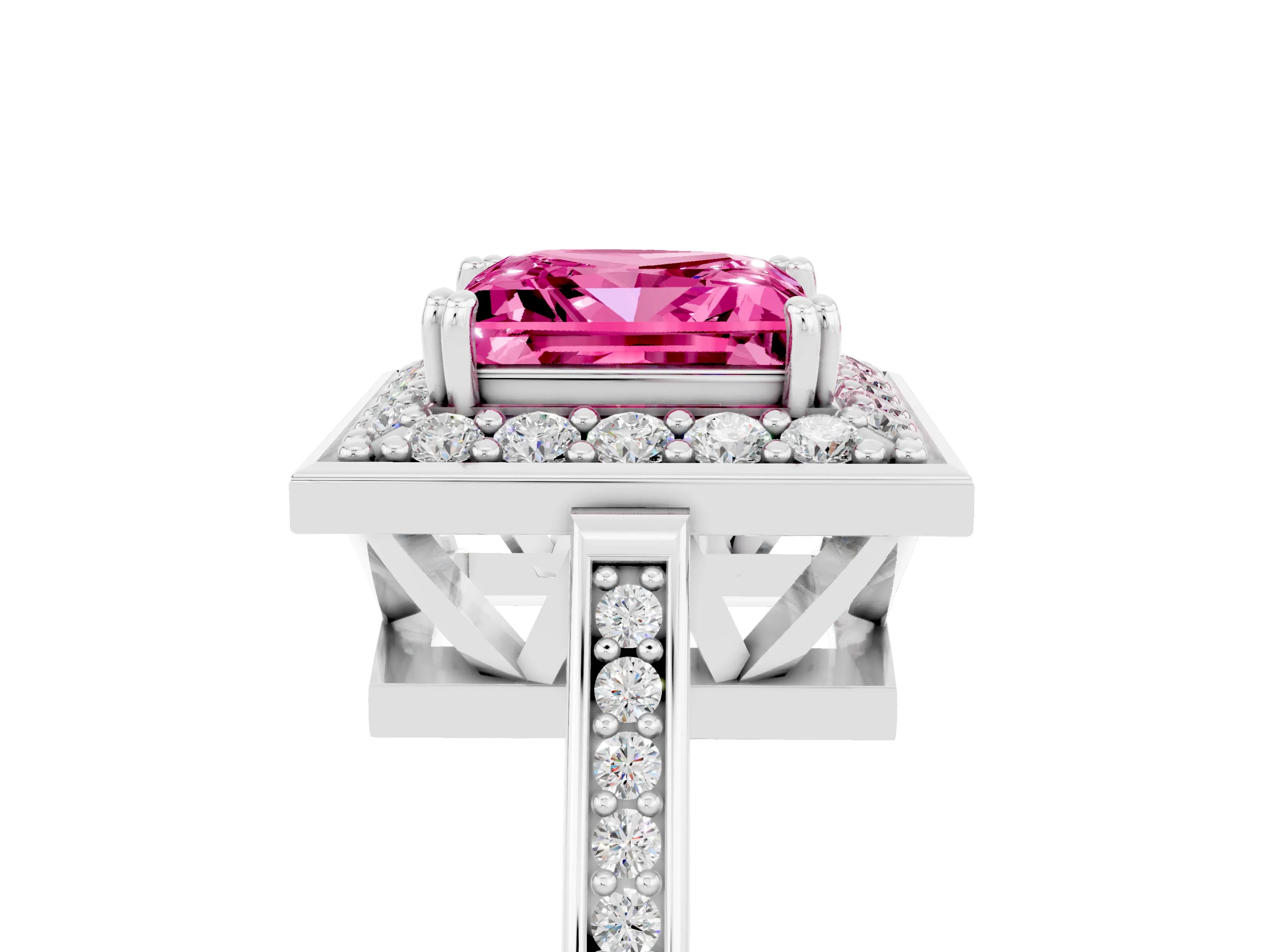 White gold Princess Cut Pink Sapphire Halo Ring with Split Shank and Four-Prong Setting_17