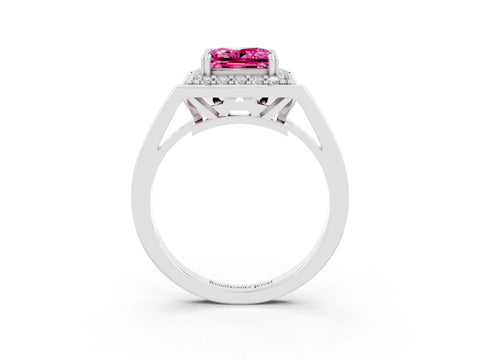 White gold Princess Cut Pink Sapphire Halo Ring with Split Shank and Four-Prong Setting_21