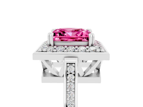 White gold Princess Cut Pink Sapphire Halo Ring with Split Shank and Four-Prong Setting_23