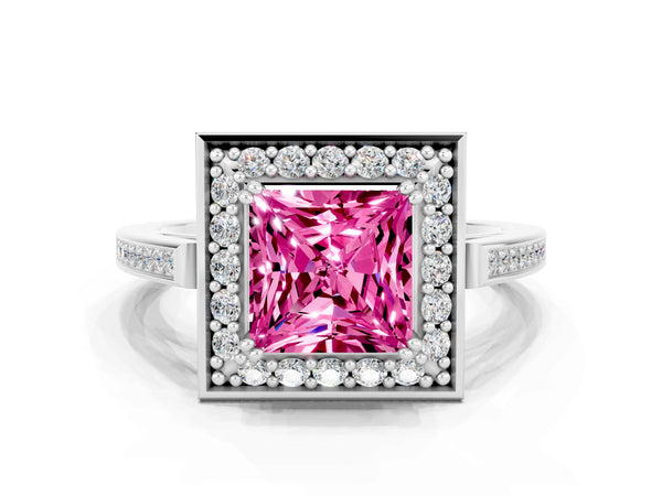 Platinum Princess Cut Pink Sapphire Halo Ring with Split Shank and Four-Prong Setting