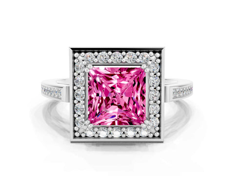 White gold Princess Cut Pink Sapphire Halo Ring with Split Shank and Four-Prong Setting_24