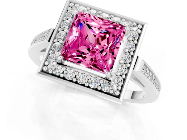 Silver Princess Cut Pink Sapphire Halo Ring with Split Shank and Four-Prong Setting