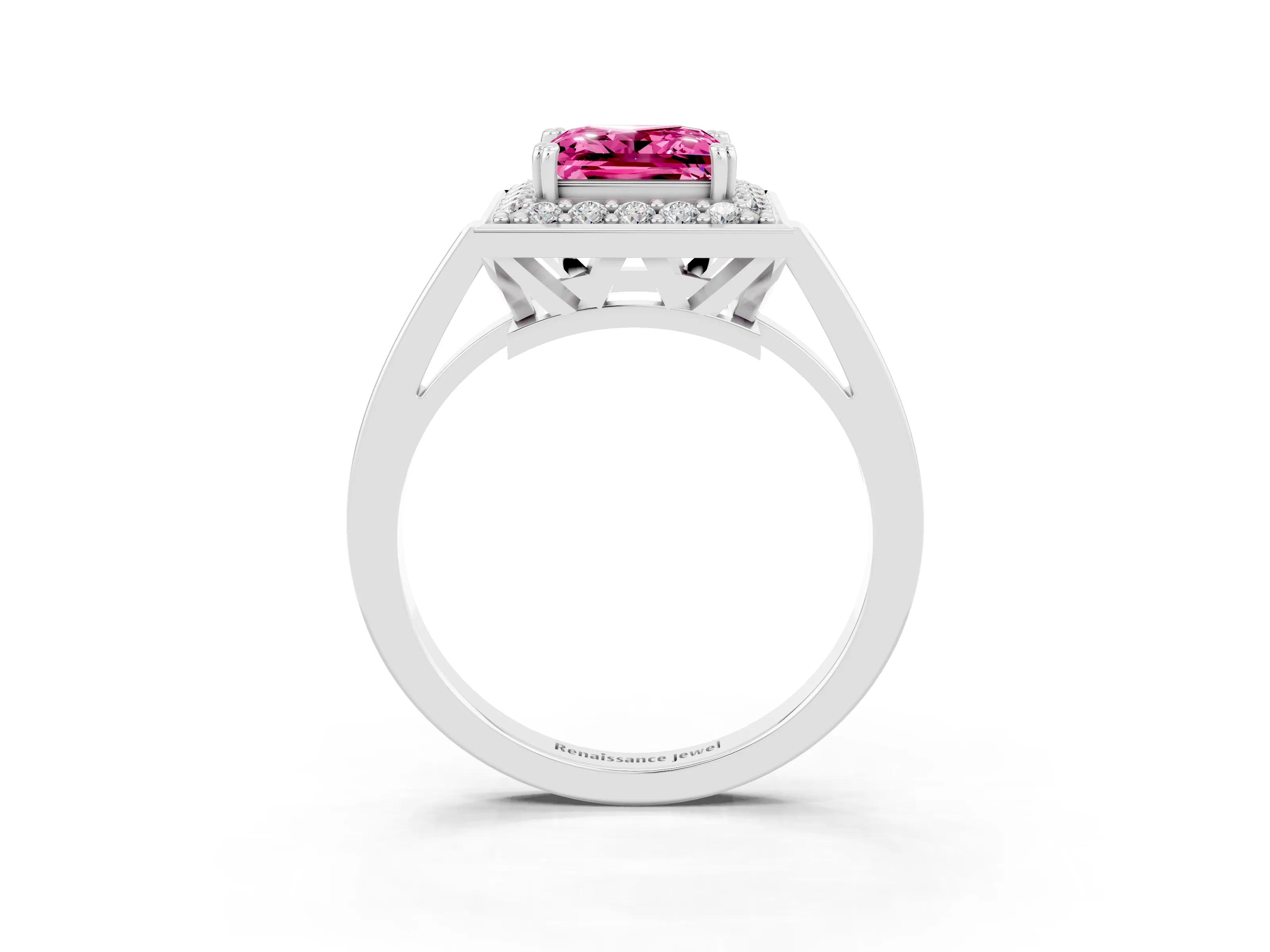 White gold Princess Cut Pink Sapphire Halo Ring with Split Shank and Four-Prong Setting_27