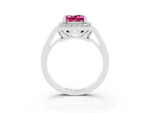 White gold Princess Cut Pink Sapphire Halo Ring with Split Shank and Four-Prong Setting_27