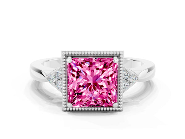 Platinum Princess Cut Pink Sapphire Halo Ring with Tapered Band and Four-Prong Setting