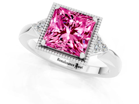 White gold Princess Cut Pink Sapphire Halo Ring with Tapered Band and Four-Prong Setting_1