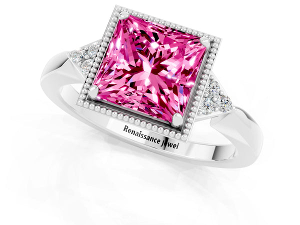 White gold Princess Cut Pink Sapphire Halo Ring with Tapered Band and Four-Prong Setting