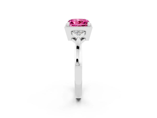Platinum Princess Cut Pink Sapphire Halo Ring with Tapered Band and Four-Prong Setting