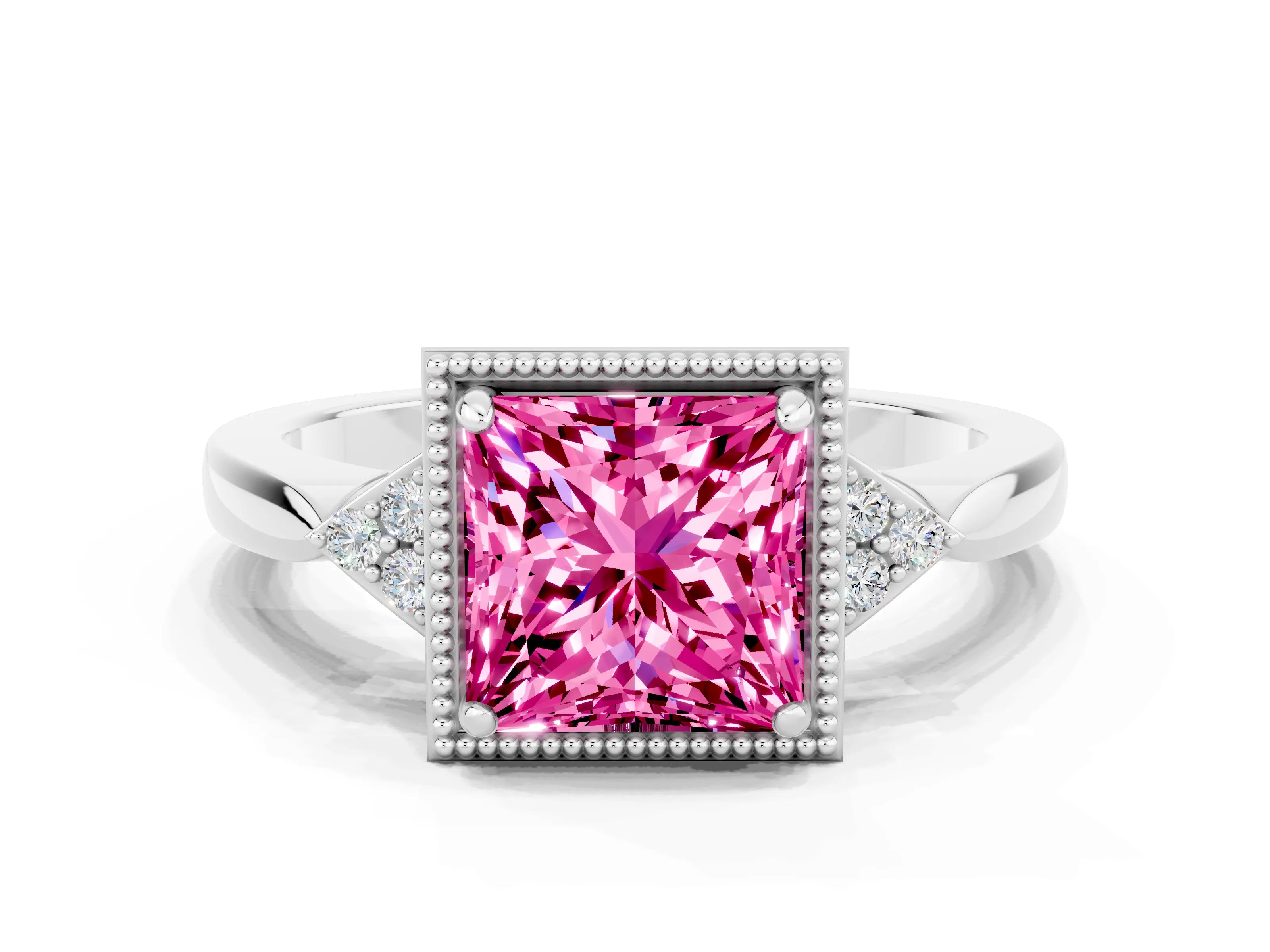 White gold Princess Cut Pink Sapphire Halo Ring with Tapered Band and Four-Prong Setting