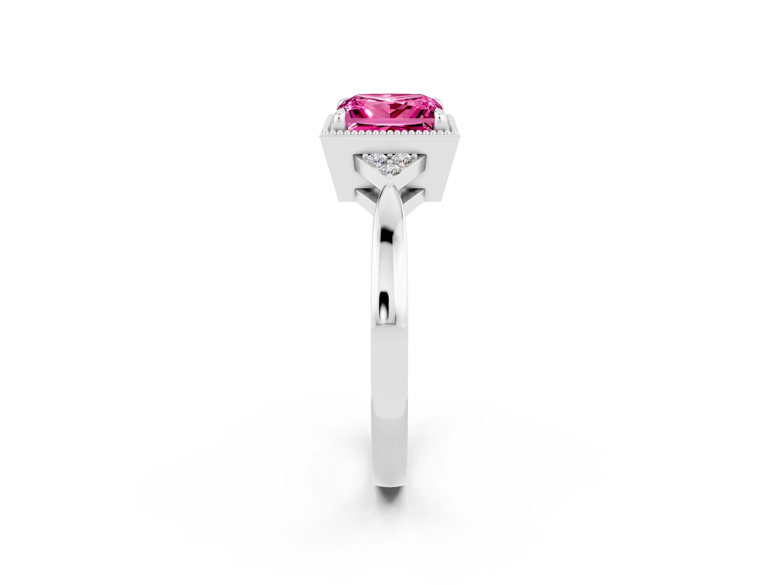 White gold Princess Cut Pink Sapphire Halo Ring with Tapered Band and Four-Prong Setting_2