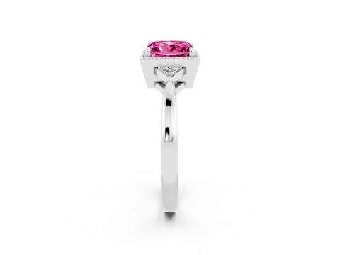 White gold Princess Cut Pink Sapphire Halo Ring with Tapered Band and Four-Prong Setting_2
