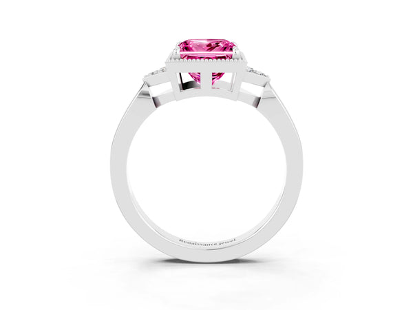 Platinum Princess Cut Pink Sapphire Halo Ring with Tapered Band and Four-Prong Setting